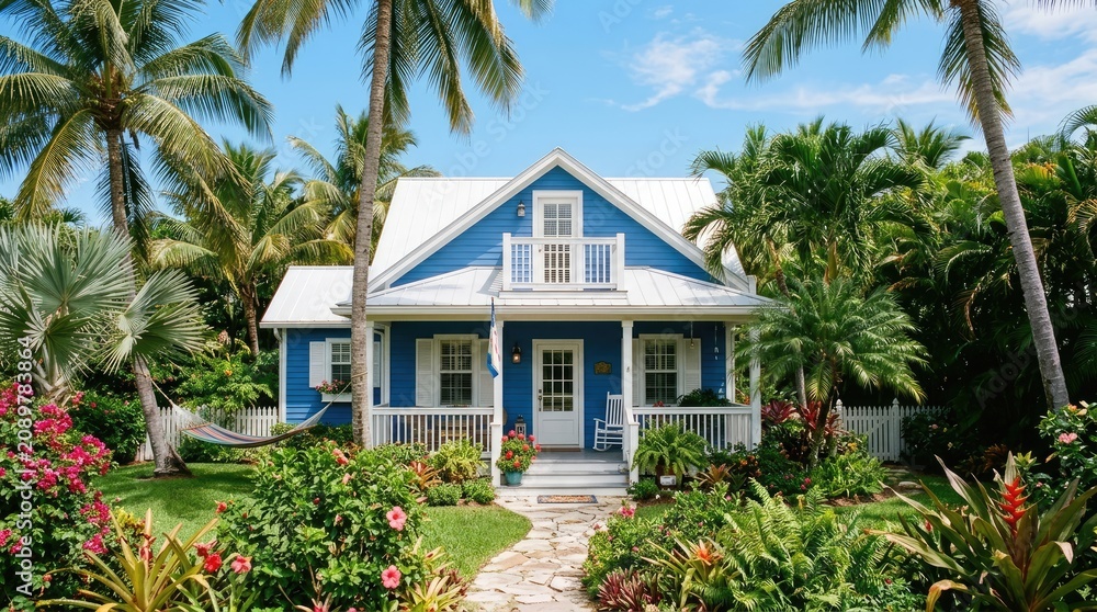 Fototapeta premium A charming blue house sits nestled amongst lush tropical vegetation. Palm trees surround the house, creating a serene and idyllic setting.