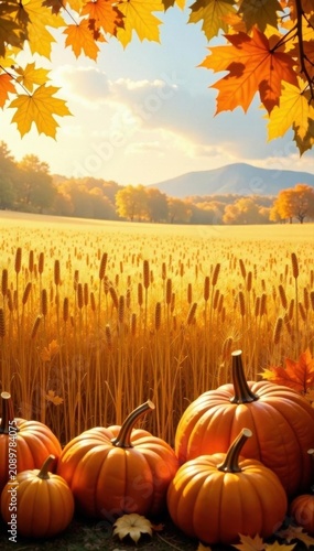 Golden wheat field, autumn leaves, pumpkins, harvest cornucopia, graphic, scene