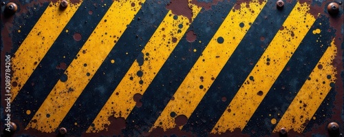 Grungy hazard stripes on weathered metal, textured surface, industrial background, pattern, rough