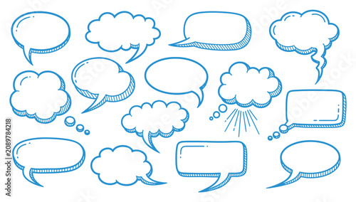 Set of hand drawn blue speech bubbles and thought clouds