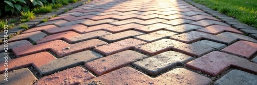 Interlocking V-shaped paving stones create a herringbone pattern , repeating, pattern, herringbone