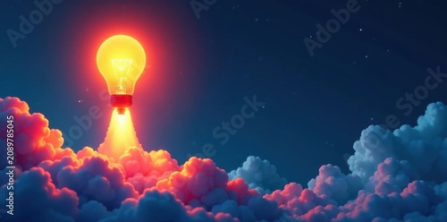 Rocket launching from glowing lightbulb, flat style, abstract, launch