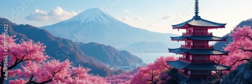 Small wooden pagoda, delicate cherry blossoms, dramatic mountain range, serene, flower