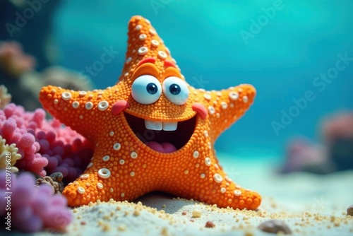 Smiling starfish with big eyes, bright colors, ocean background, positive, cute starfish, funny