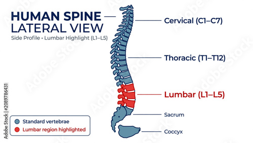 Foto Human Spine Lateral View Illustration Highlighting Lumbar Vertebrae, Detailed Me