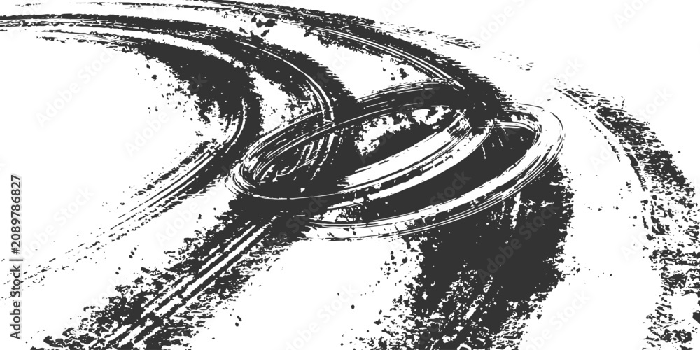 Obraz premium Intersecting circular grunge tire tracks skid marks and dirty overlapping curves texture abstract vector illustration.