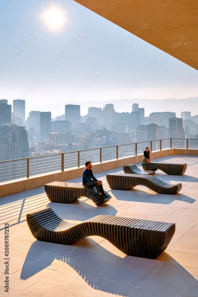 Fototapeta premium People relaxing on a modern rooftop terrace with city skyline views and dramatic sunlight