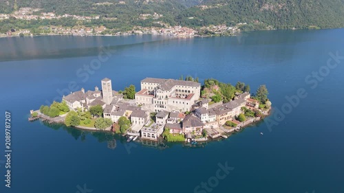 Drone Orbit View of San Giulio Island on Lake Orta