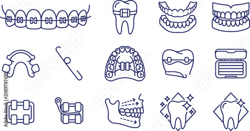 Obraz na płótnie Orthodontic Braces and Dental Treatment Outline Icon Set with Teeth Alignment, R