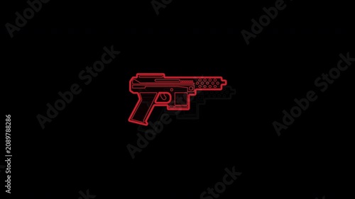 Neon Red Glowing Handgun Silhouette Animation on Black Background.