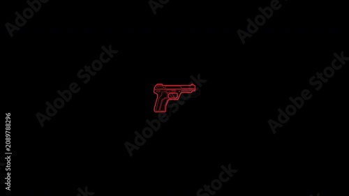 Neon Red Outline of a Handgun on Black Background.