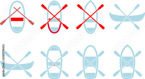Canvastavla Rowing Boat and Kayak with Crossed Oars Vector Icon Set for Outdoor Recreation,