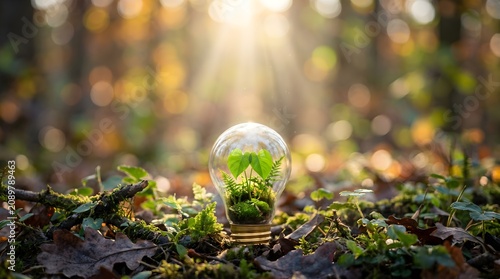 Glass bulb with small plant in blurred forest background for eco-friendly concept presentation