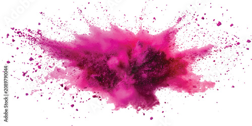 Vibrant pink holi powder explosion and dust cloud burst color splash on white background vector illustration.