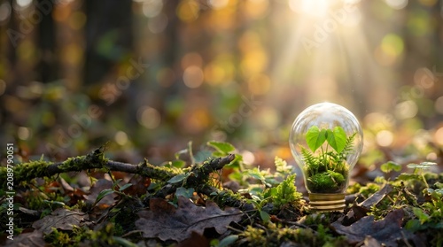 Green idea in lightbulb on moss with sunlight rays for sustainability article graphic design