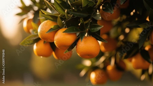 Fresh ripe oranges hanging on tree branches with green leaves in natural sunlight