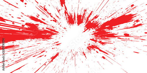 Abstract red paint splash explosion and radial speed lines comic art background with grunge splatter vector illustration.