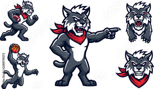 Schilderij op canvas Angry Wildcat Mascot Vector Set with Fierce Wolf or Lynx Character Playing Baske