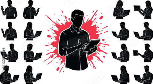 Business Professionals and Corporate Employees Silhouette Vector Set with Laptop Users Smartphone Managers and Central Creative Tech Specialist Graphic Elements