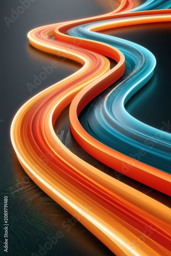Abstract flowing light ribbons over a dark circuit board background representing technology and data flow