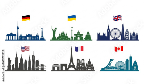 World City Skyline Silhouettes with National Flags Vector Collection on White Background