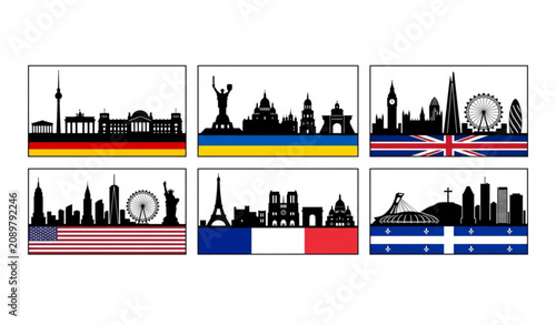 International City Skyline Silhouette Panels with Country Flags Vector Illustration
