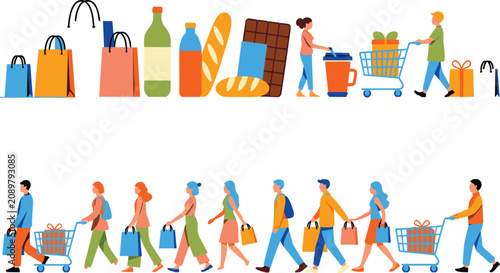 Bild auf Leinwand Supermarket grocery shopping set with people pushing carts carrying bags buying