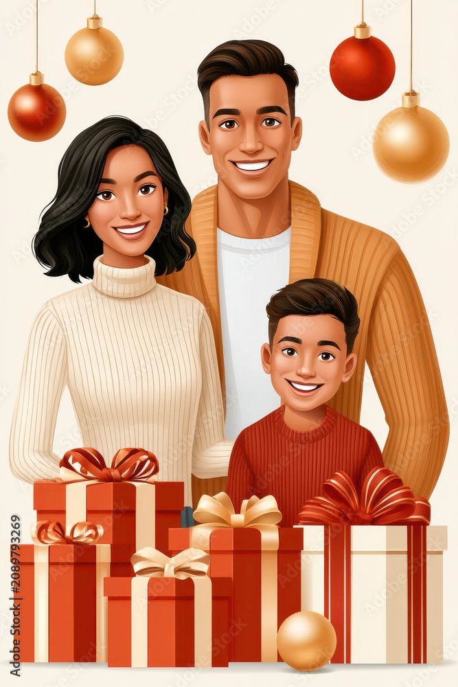 Fototapeta premium Happy family celebrating Christmas with wrapped gifts and festive ornaments in a cozy portrait