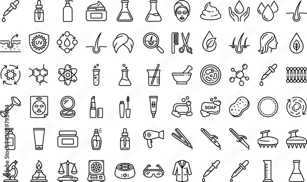 Naklejka premium Cosmetic science and dermatology icon set with skincare bottles laboratory flasks hair treatment makeup outline vector