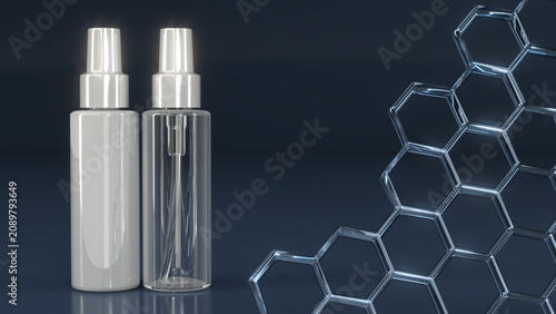 Mockups of transparent and white cosmetic spray bottles against a dark blue background with a hexagonal graphic overlay. 3d illustration