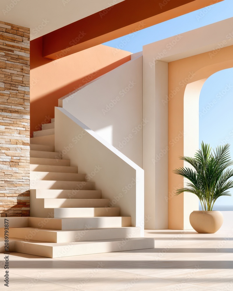 Obraz premium Minimal Mediterranean-style architectural staircase with warm sunlight, terracotta walls and potted palm