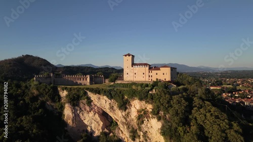 Drone View of Medieval Angera Fortress on a Rocky Hill at Sunset