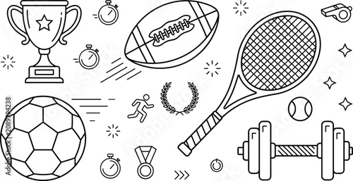 Fotografie Sports equipment soccer football tennis racket trophy and fitness dumbbell vecto