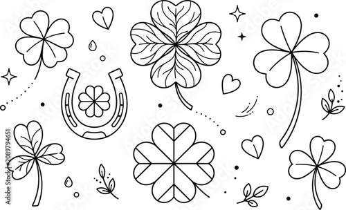 Foto Four leaf clover shamrock and horseshoe good luck vector outline element set for