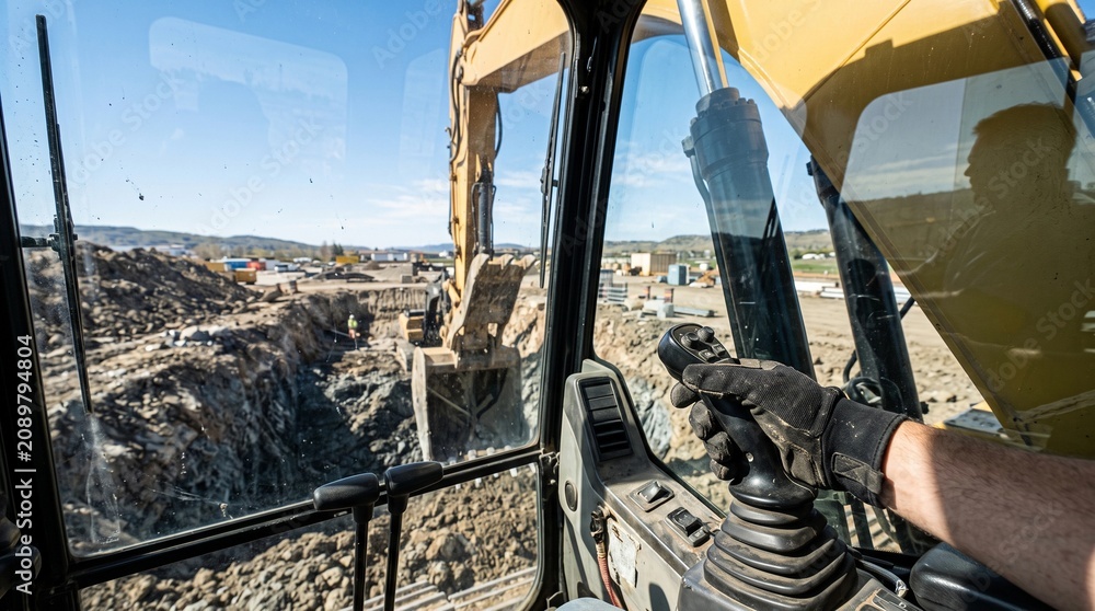 Fototapeta premium Excavator operator working on construction site. Man controlling heavy machinery in cabin. Industrial development project with earthmoving equipment for digging ground.