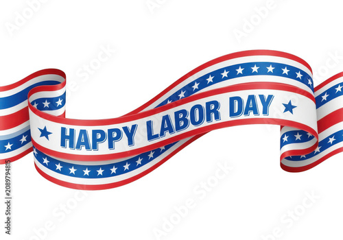 A waving ribbon banner featuring the american flag pattern with the text happy labor day written in blue letters against a black background