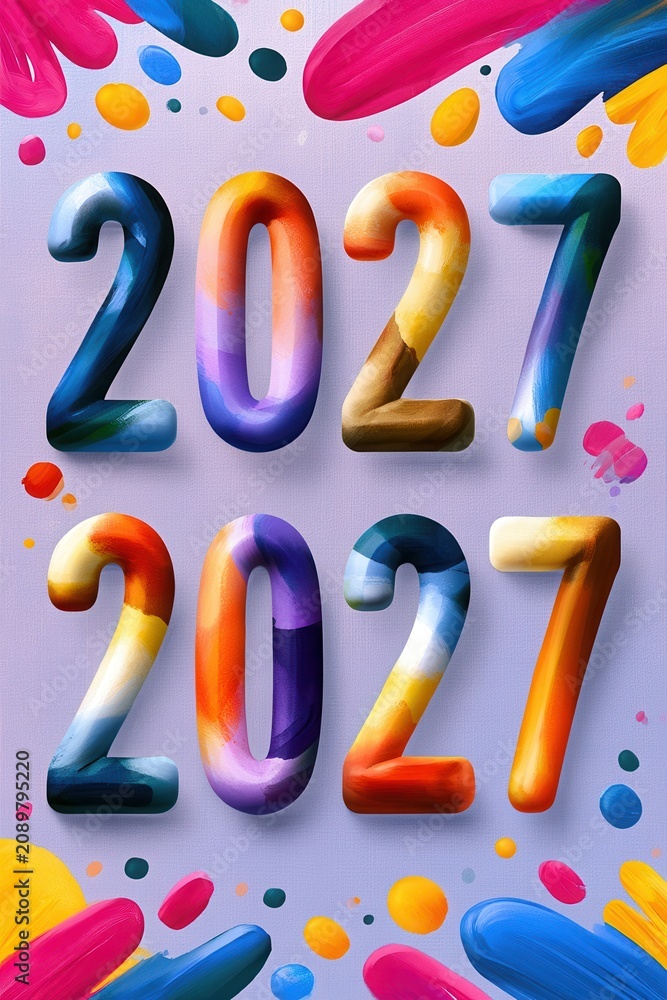 Fototapeta premium Colorful painted 2027 numbers with festive brush strokes and new year celebration design