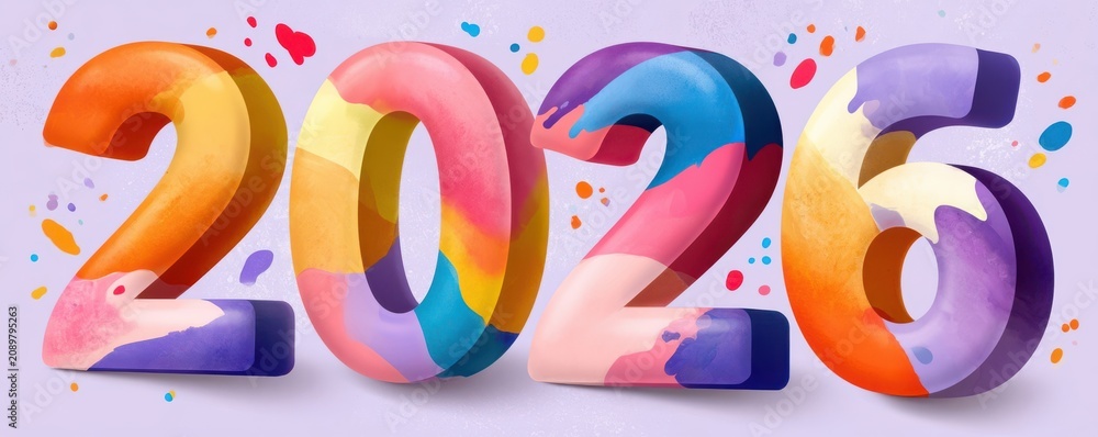 Fototapeta premium Colorful 2026 numbers with painted texture and festive abstract celebration design