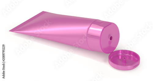 Close-up of realistic pink cosmetic tube mockup with an open cap. 3d illustration on white background