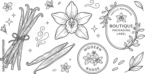 Canvastavla Vanilla flower orchid and pod vector outline element set for boutique packaging