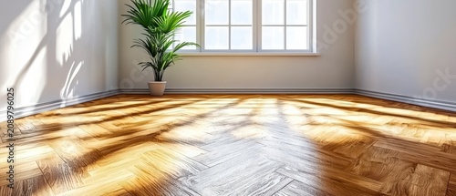Bright Empty Room Interior with Houseplant, Sunlight, and Herringbone Wooden Floor