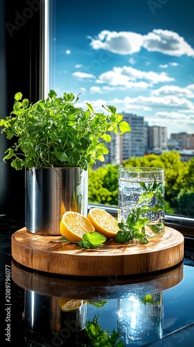 Fresh Herbs, Lemon, and Water Still Life by Window with City View