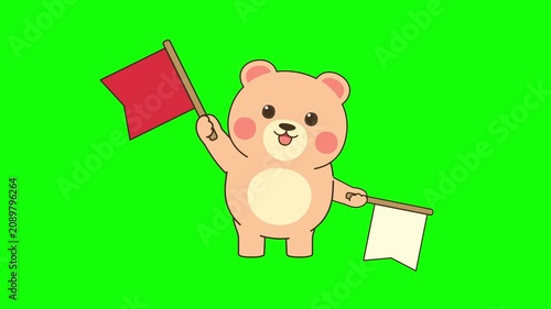 赤と白の旗を不規則な動きで上にあげる熊のコミカルアニメーション／A comical animation of a bear raising a red-and-white flag with an irregular, playful motion