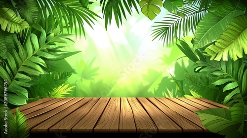 Tropical Jungle Leaves Frame with Wooden Table for Product Display