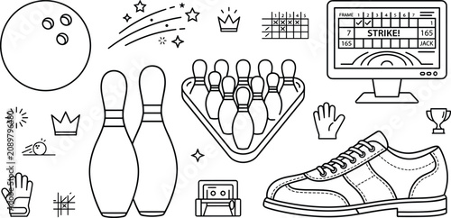 Foto Bowling ball pin shoe and game equipment vector outline element set for coloring