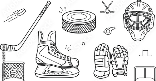 Photography Ice hockey equipment and gear doodle vector outline element set for coloring boo