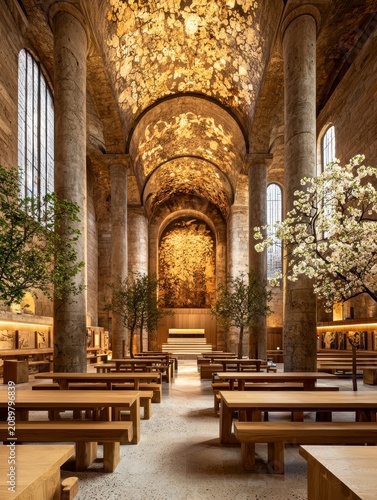Serene Grand Hall Interior with Modern Biophilic Design and Golden Light