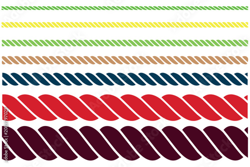 a set of vector illustrations of colored rope, harness, and blue rope of various thicknesses and sizes