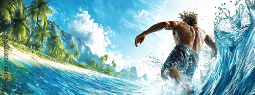 Dynamic Surfer Riding Tropical Ocean Wave with Paradise Island Background