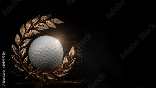 Golf ball with golden laurel wreath background ゴルフコンペの優勝者に贈るリアルなボールと金色の月桂冠背景